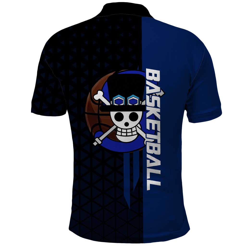 Sabo One Piece Basketball Theme Blue and Black Design Polo Shirt with Top Hat Emblem and Action Dribble Pose - The Mazicc