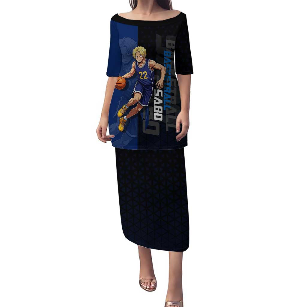 Sabo One Piece Basketball Theme Blue and Black Design Puletasi with Top Hat Emblem and Action Dribble Pose - The Mazicc