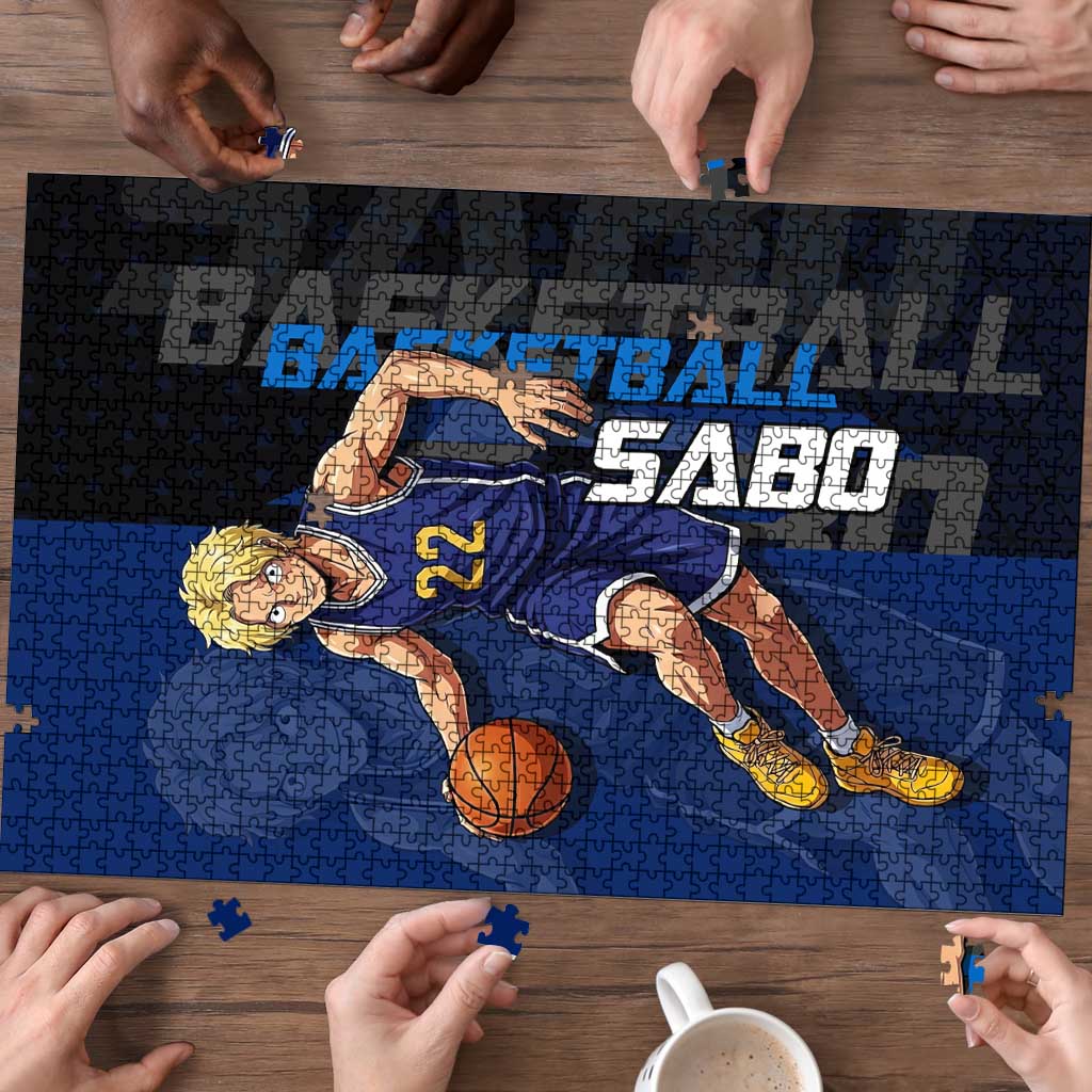 Sabo One Piece Basketball Theme Blue and Black Design Puzzle with Top Hat Emblem and Action Dribble Pose - The Mazicc