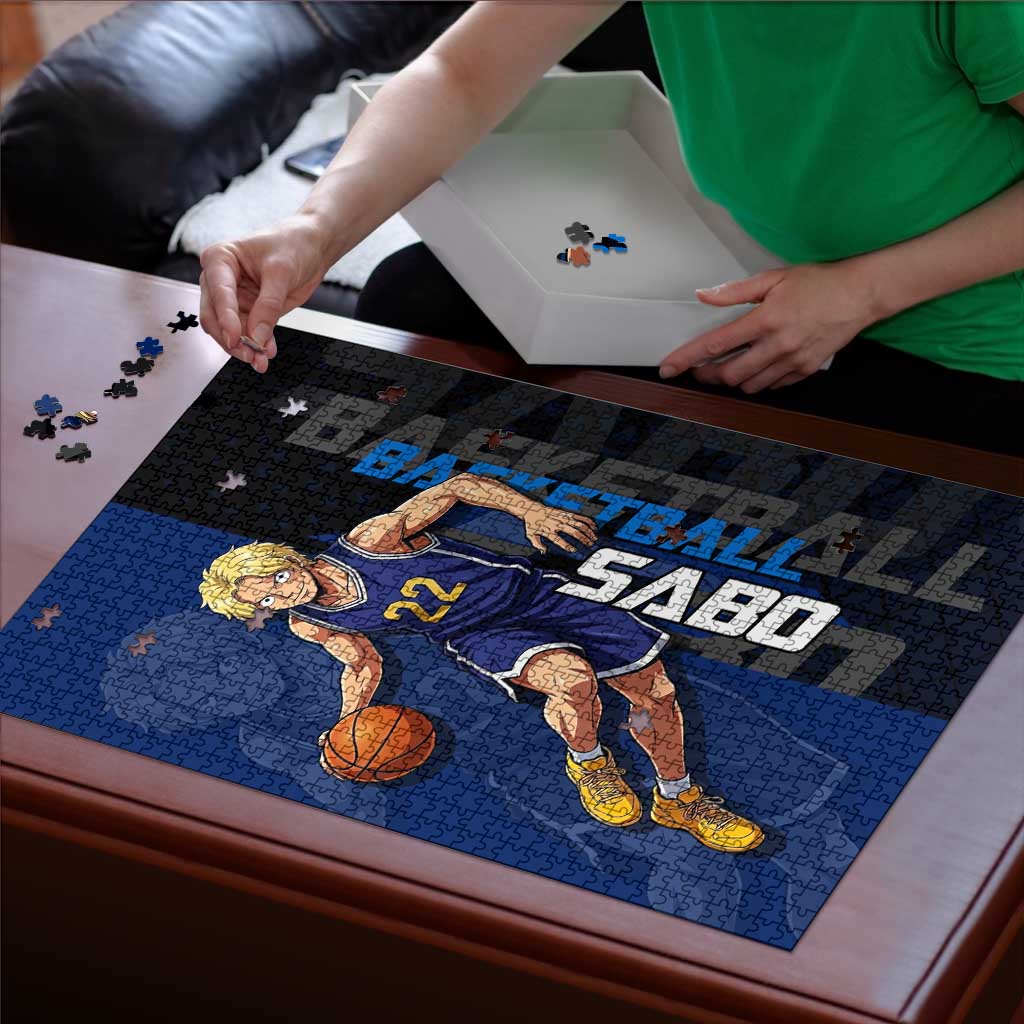 Sabo One Piece Basketball Theme Blue and Black Design Puzzle with Top Hat Emblem and Action Dribble Pose - The Mazicc