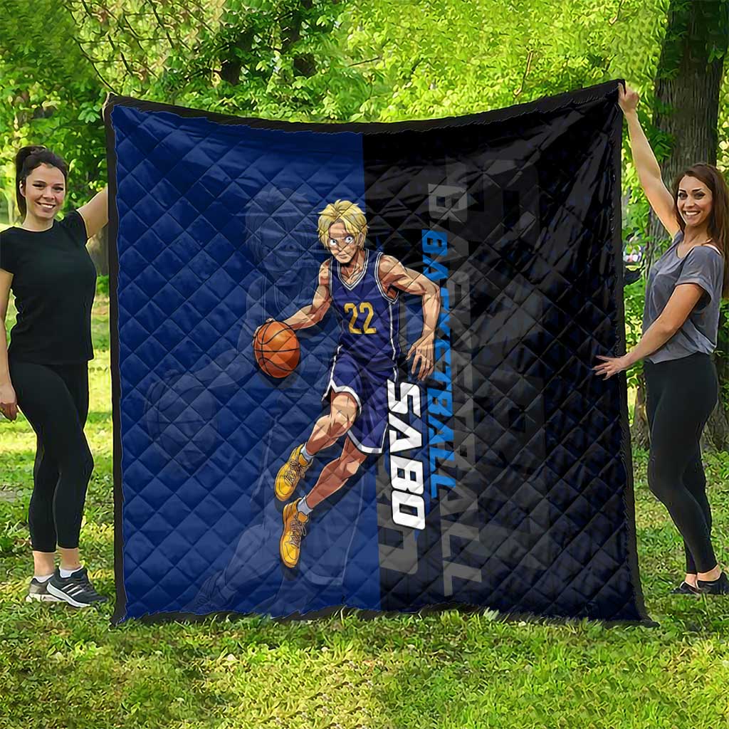 Sabo One Piece Basketball Theme Blue and Black Design Quilt with Top Hat Emblem and Action Dribble Pose - The Mazicc