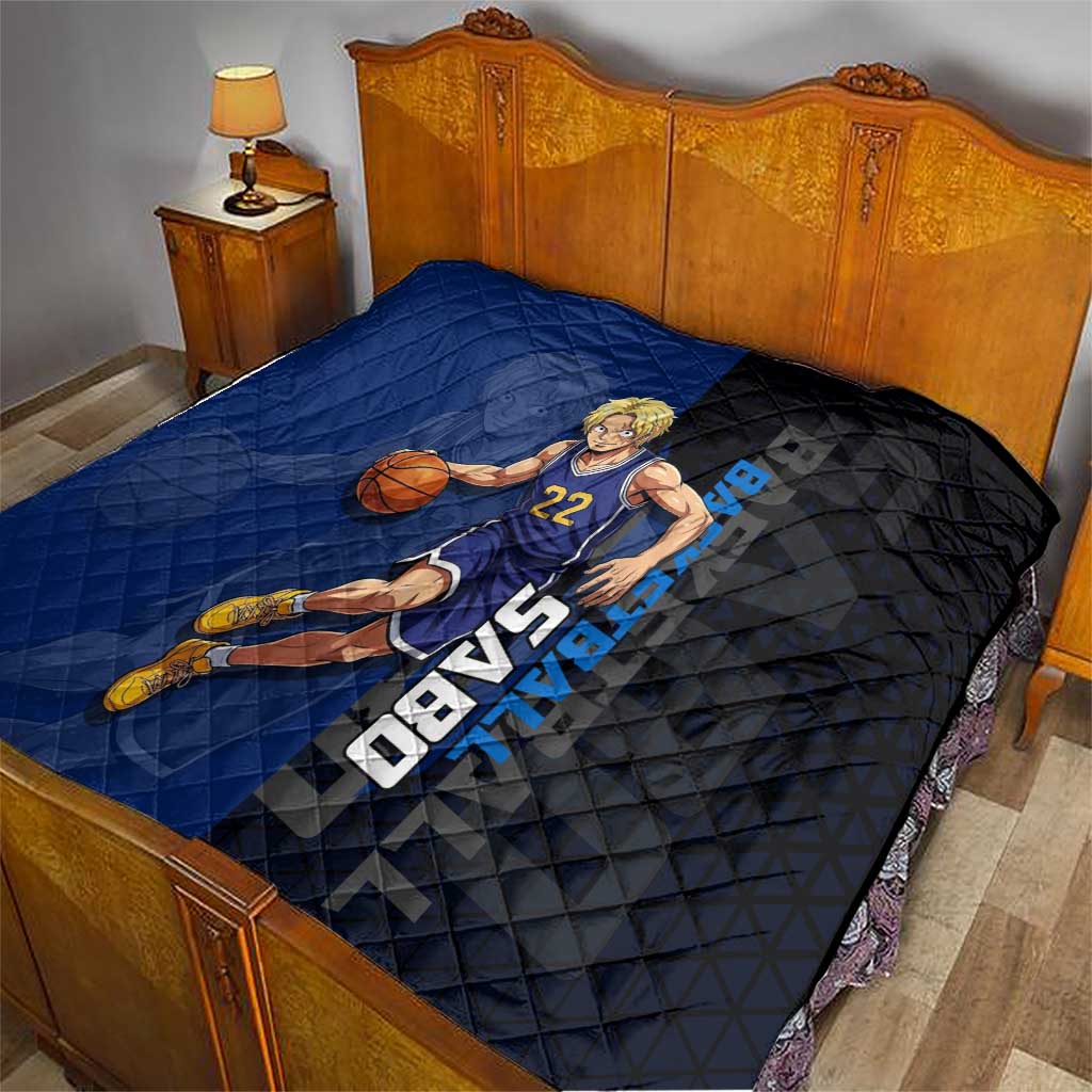 Sabo One Piece Basketball Theme Blue and Black Design Quilt with Top Hat Emblem and Action Dribble Pose - The Mazicc
