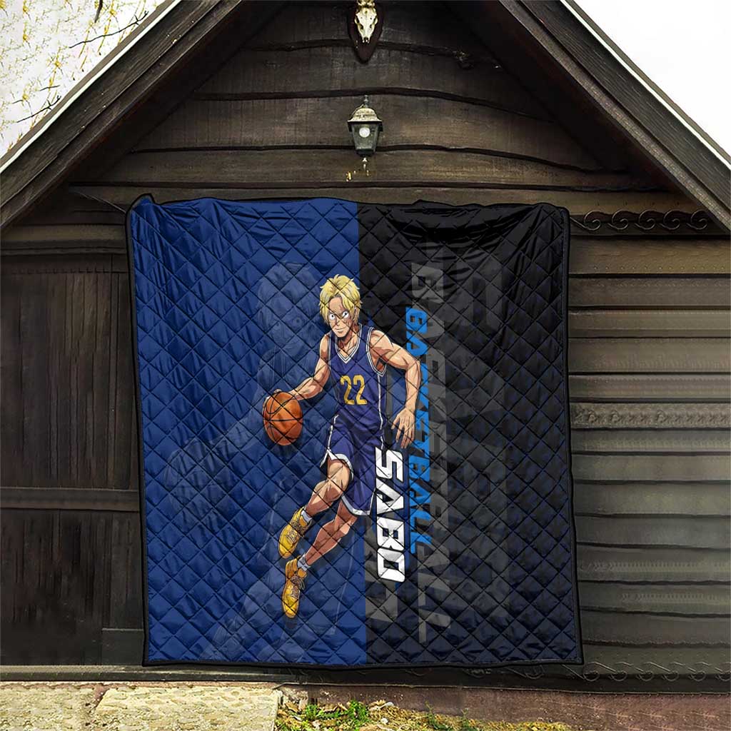 Sabo One Piece Basketball Theme Blue and Black Design Quilt with Top Hat Emblem and Action Dribble Pose - The Mazicc