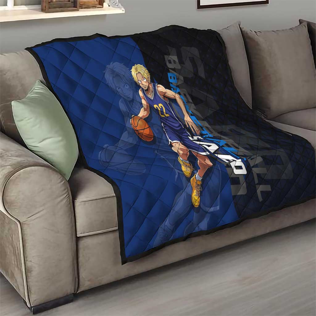 Sabo One Piece Basketball Theme Blue and Black Design Quilt with Top Hat Emblem and Action Dribble Pose - The Mazicc