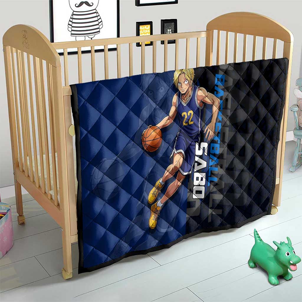 Sabo One Piece Basketball Theme Blue and Black Design Quilt with Top Hat Emblem and Action Dribble Pose - The Mazicc