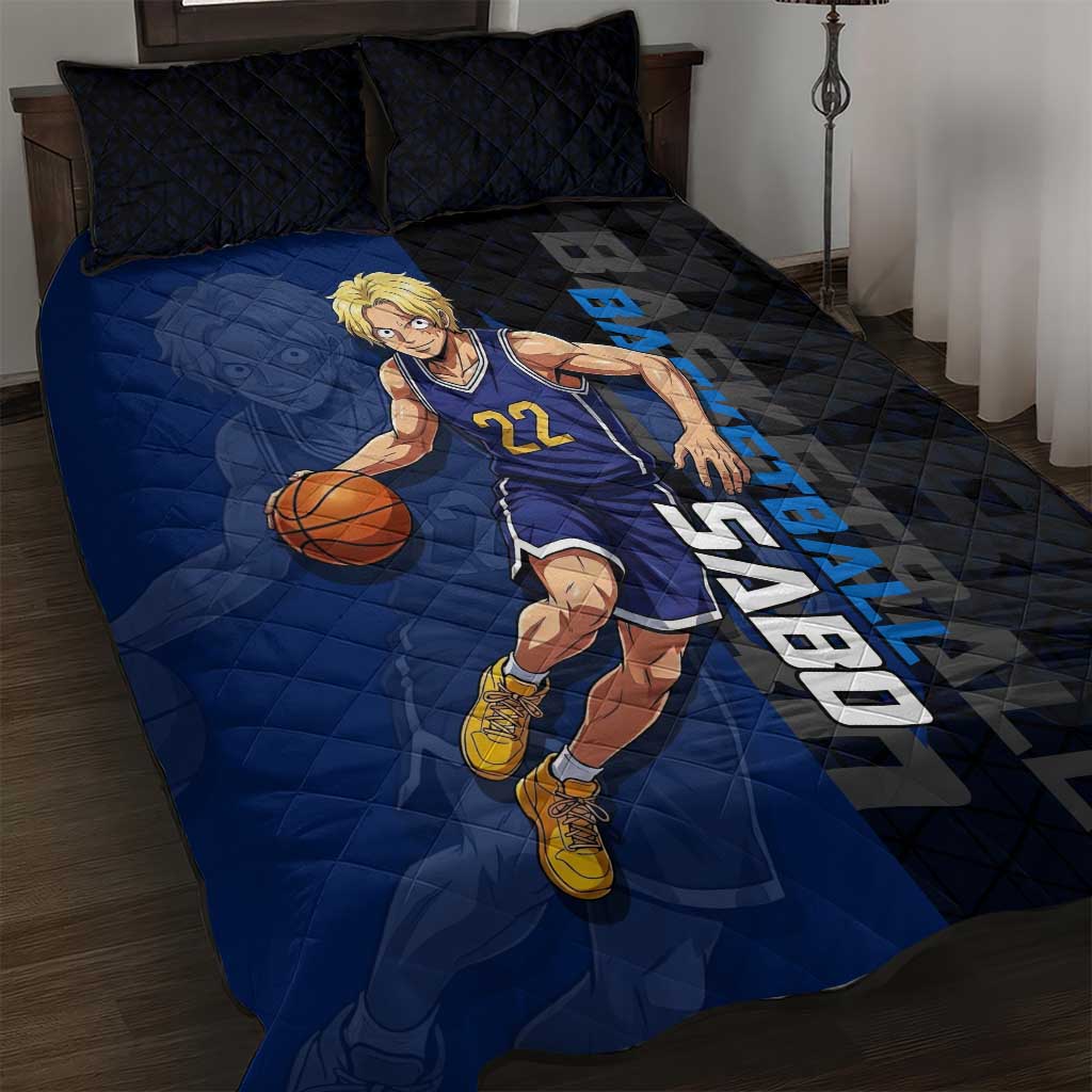 Sabo One Piece Basketball Theme Blue and Black Design Quilt Bed Set with Top Hat Emblem and Action Dribble Pose - The Mazicc