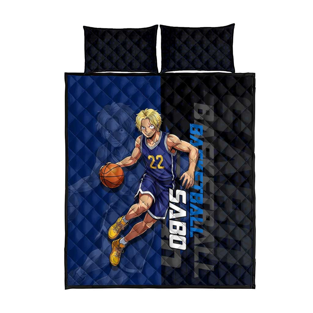 Sabo One Piece Basketball Theme Blue and Black Design Quilt Bed Set with Top Hat Emblem and Action Dribble Pose - The Mazicc