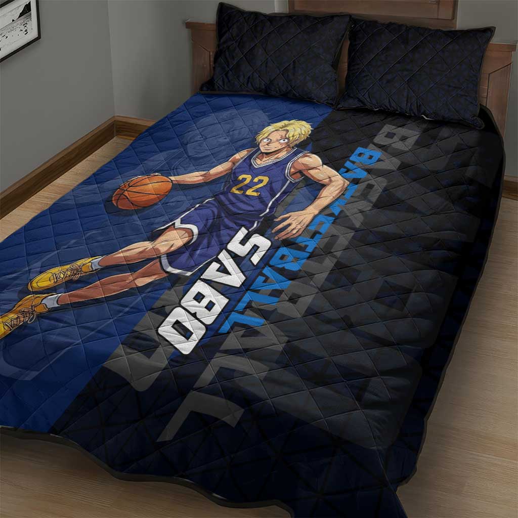Sabo One Piece Basketball Theme Blue and Black Design Quilt Bed Set with Top Hat Emblem and Action Dribble Pose - The Mazicc