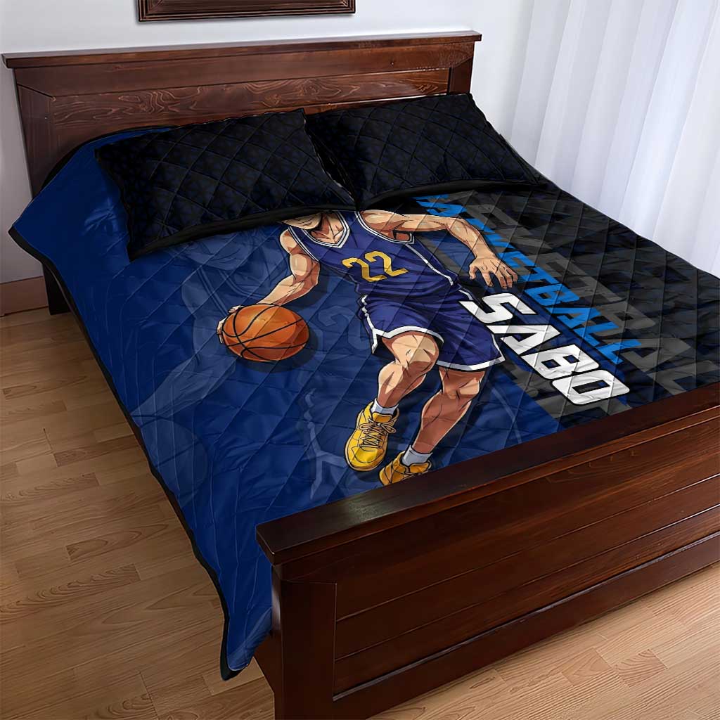 Sabo One Piece Basketball Theme Blue and Black Design Quilt Bed Set with Top Hat Emblem and Action Dribble Pose - The Mazicc
