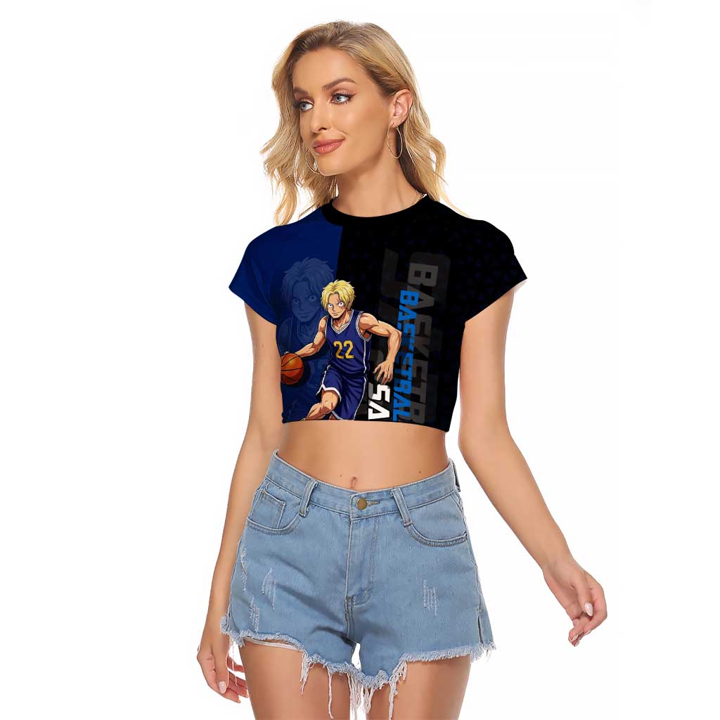 Sabo One Piece Basketball Theme Blue and Black Design Raglan Cropped T Shirt with Top Hat Emblem and Action Dribble Pose - The Mazicc