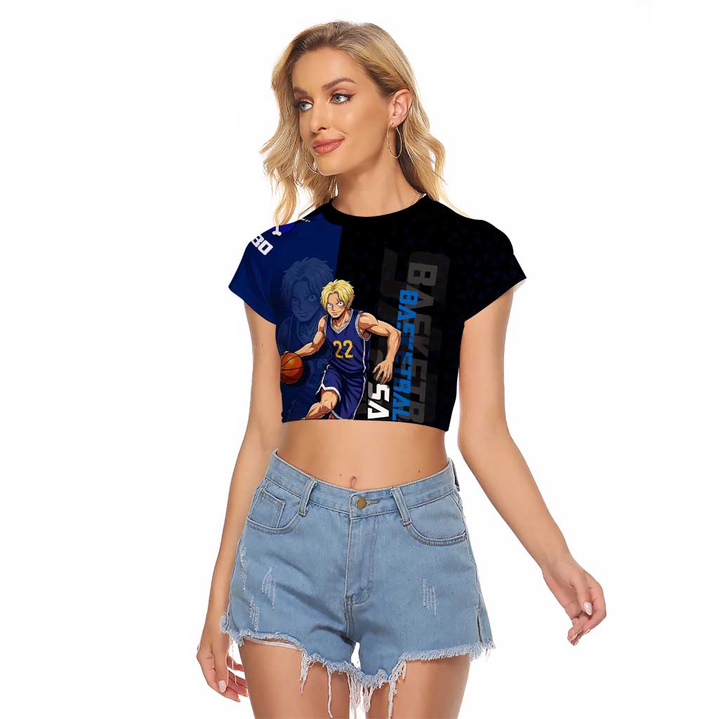 Sabo One Piece Basketball Theme Blue and Black Design Raglan Cropped T Shirt with Top Hat Emblem and Action Dribble Pose - The Mazicc