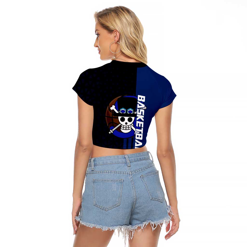 Sabo One Piece Basketball Theme Blue and Black Design Raglan Cropped T Shirt with Top Hat Emblem and Action Dribble Pose - The Mazicc