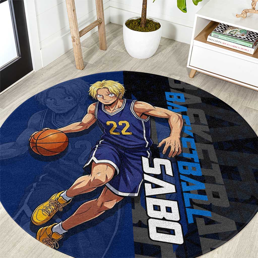 Sabo One Piece Basketball Theme Blue and Black Design Round Carpet with Top Hat Emblem and Action Dribble Pose - The Mazicc