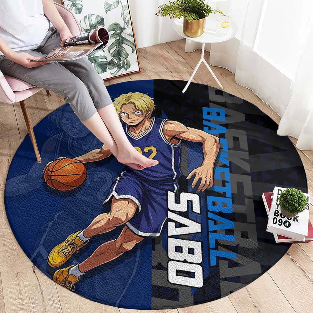 Sabo One Piece Basketball Theme Blue and Black Design Round Carpet with Top Hat Emblem and Action Dribble Pose - The Mazicc