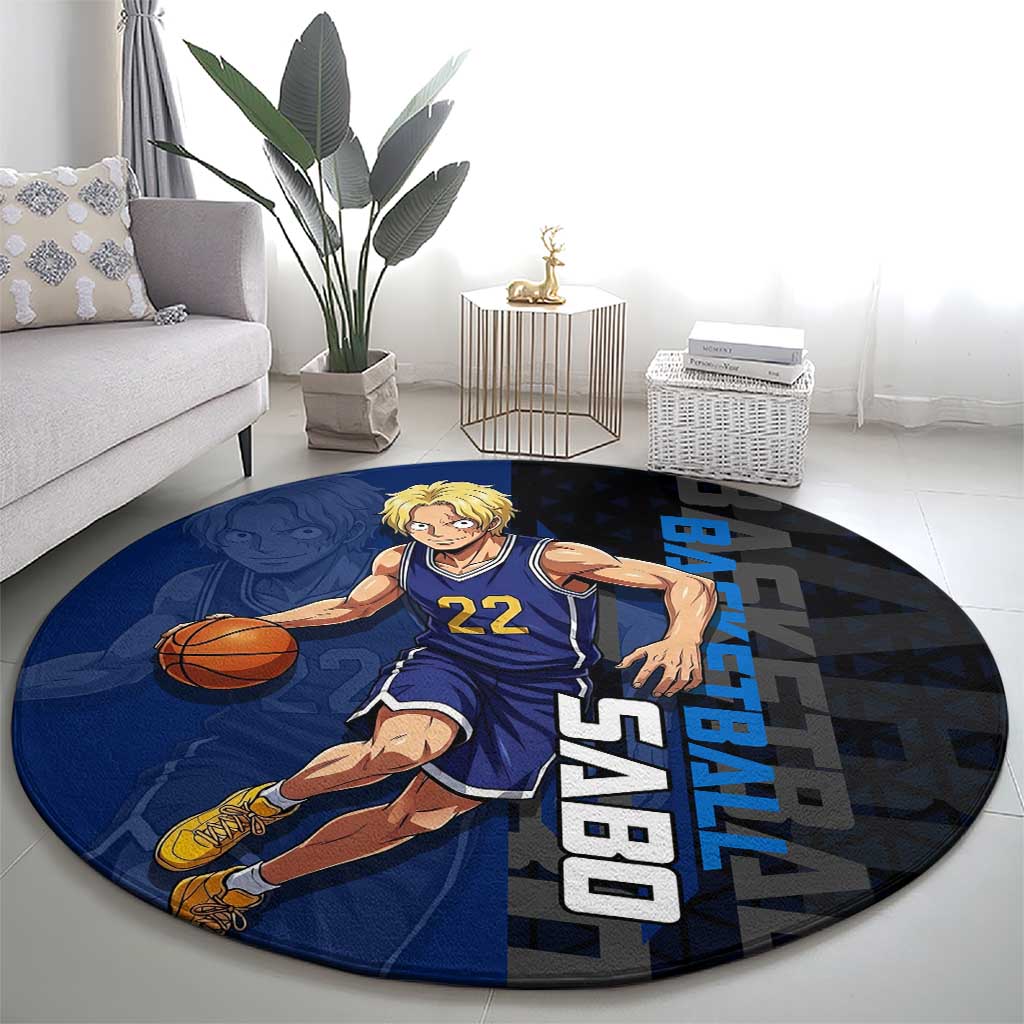 Sabo One Piece Basketball Theme Blue and Black Design Round Carpet with Top Hat Emblem and Action Dribble Pose - The Mazicc