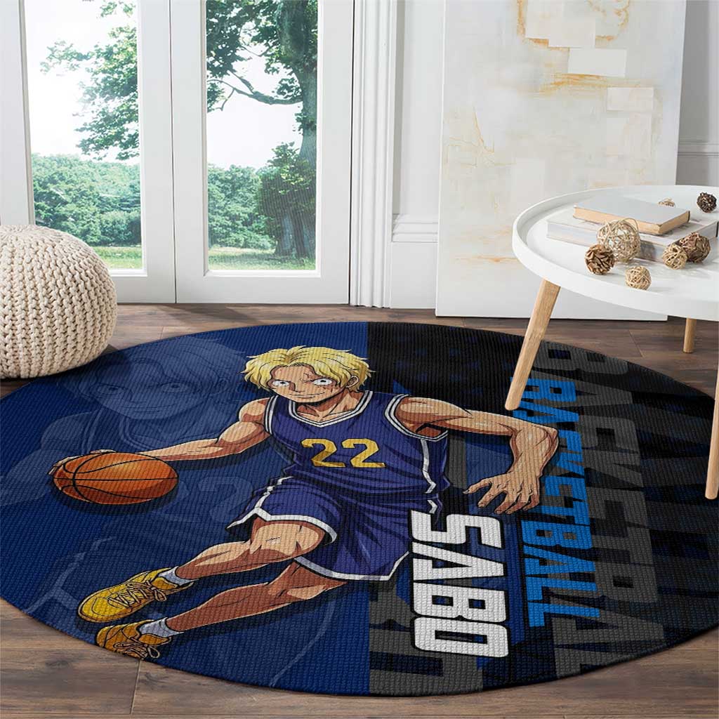 Sabo One Piece Basketball Theme Blue and Black Design Round Carpet with Top Hat Emblem and Action Dribble Pose - The Mazicc