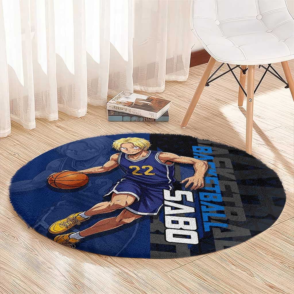 Sabo One Piece Basketball Theme Blue and Black Design Round Carpet with Top Hat Emblem and Action Dribble Pose - The Mazicc