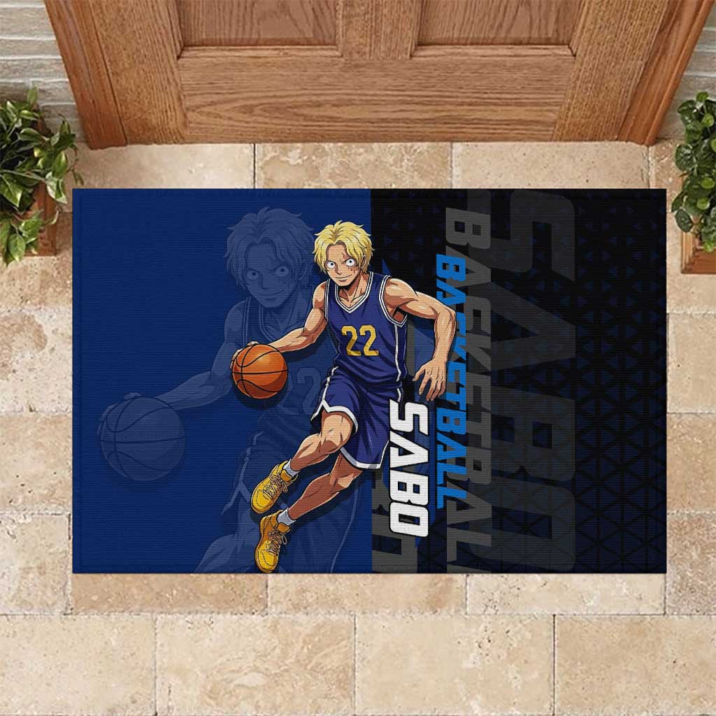 Sabo One Piece Basketball Theme Blue and Black Design Rubber Doormat with Top Hat Emblem and Action Dribble Pose - The Mazicc
