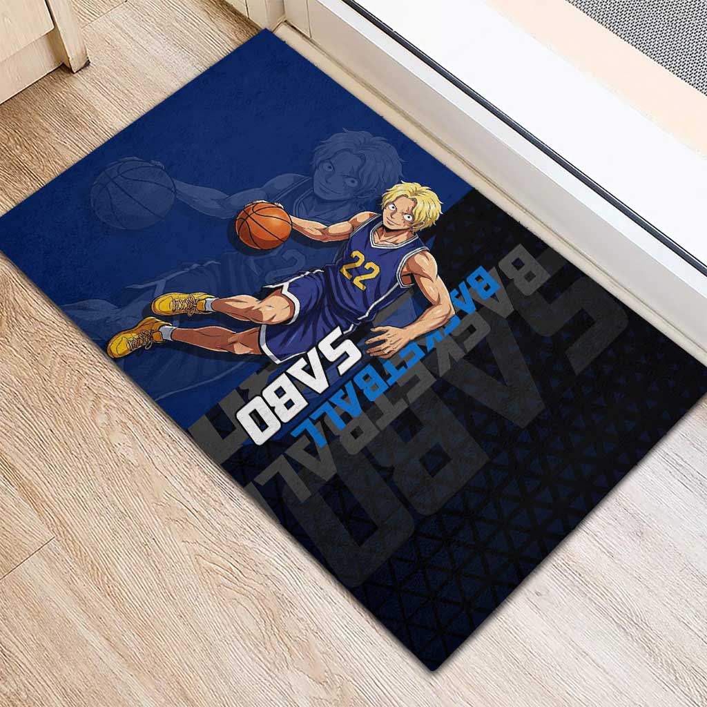 Sabo One Piece Basketball Theme Blue and Black Design Rubber Doormat with Top Hat Emblem and Action Dribble Pose - The Mazicc