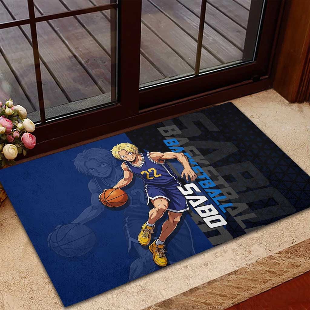 Sabo One Piece Basketball Theme Blue and Black Design Rubber Doormat with Top Hat Emblem and Action Dribble Pose - The Mazicc