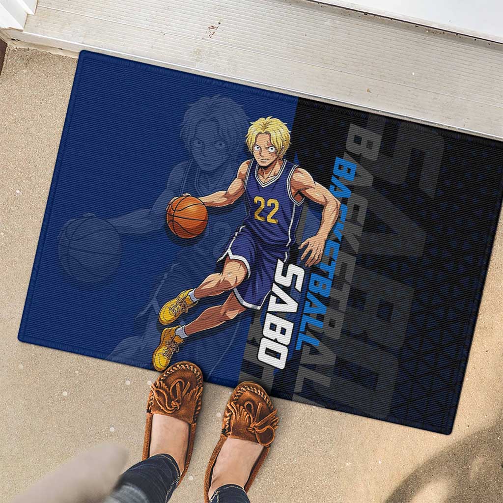 Sabo One Piece Basketball Theme Blue and Black Design Rubber Doormat with Top Hat Emblem and Action Dribble Pose - The Mazicc