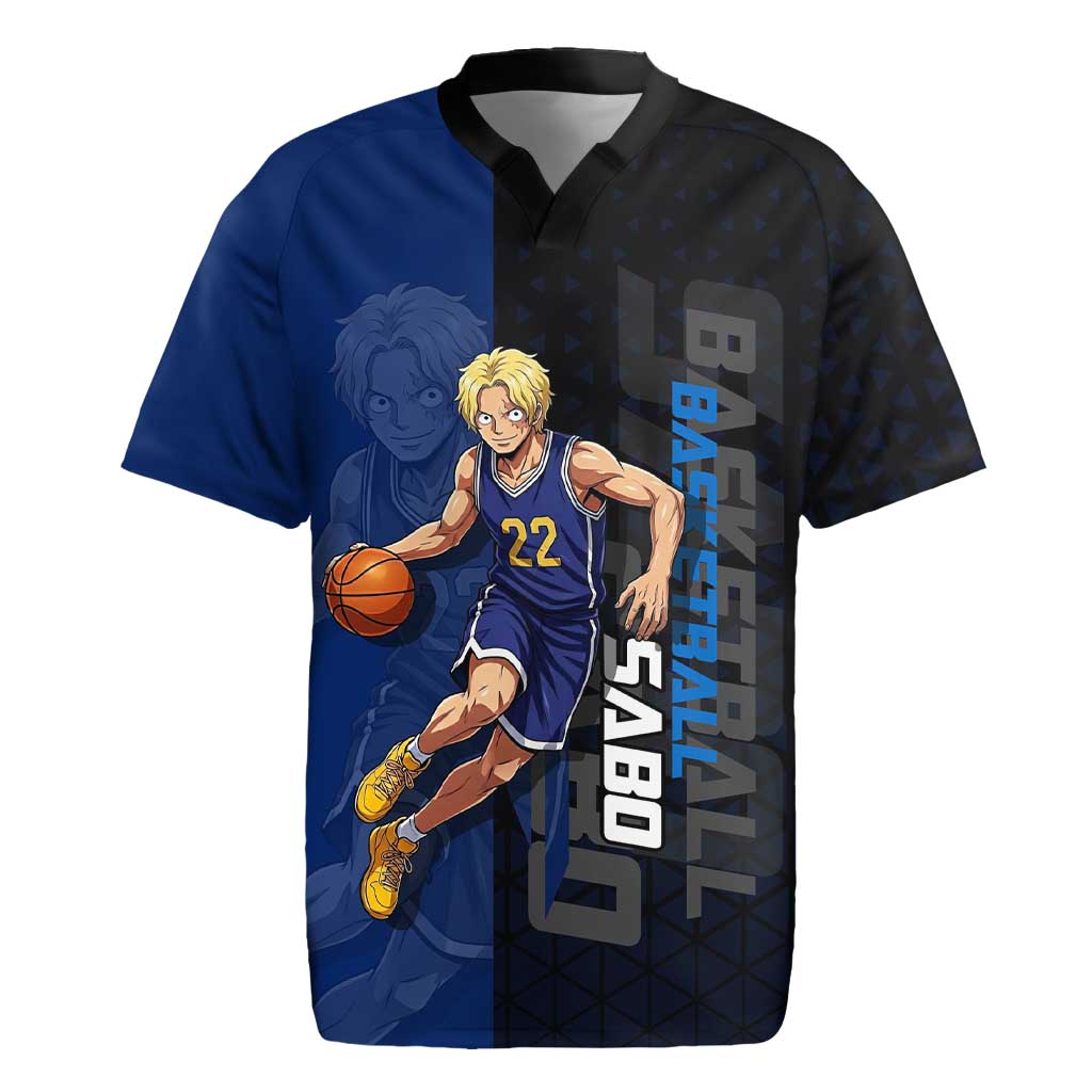 Sabo One Piece Basketball Theme Blue and Black Design Rugby Jersey with Top Hat Emblem and Action Dribble Pose - The Mazicc
