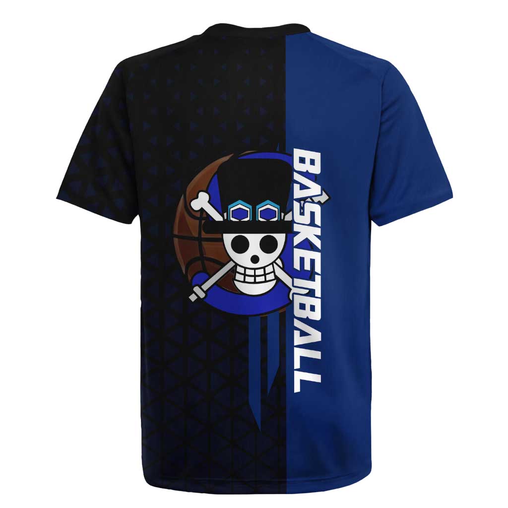 Sabo One Piece Basketball Theme Blue and Black Design Rugby Jersey with Top Hat Emblem and Action Dribble Pose - The Mazicc