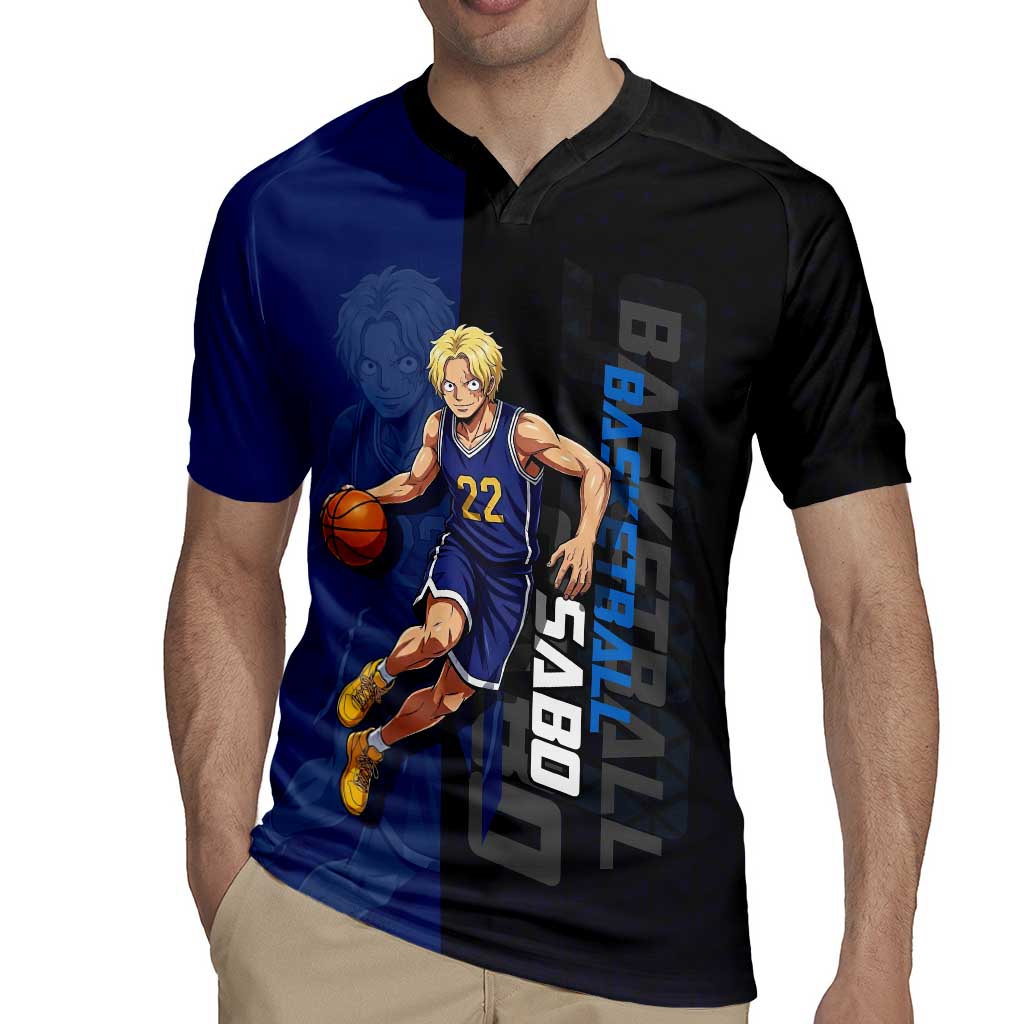 Sabo One Piece Basketball Theme Blue and Black Design Rugby Jersey with Top Hat Emblem and Action Dribble Pose - The Mazicc
