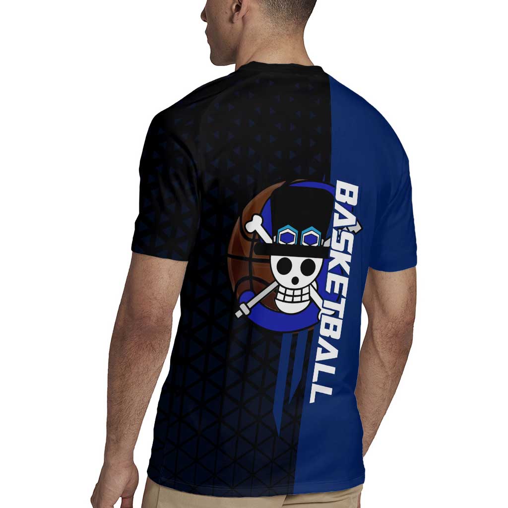 Sabo One Piece Basketball Theme Blue and Black Design Rugby Jersey with Top Hat Emblem and Action Dribble Pose - The Mazicc