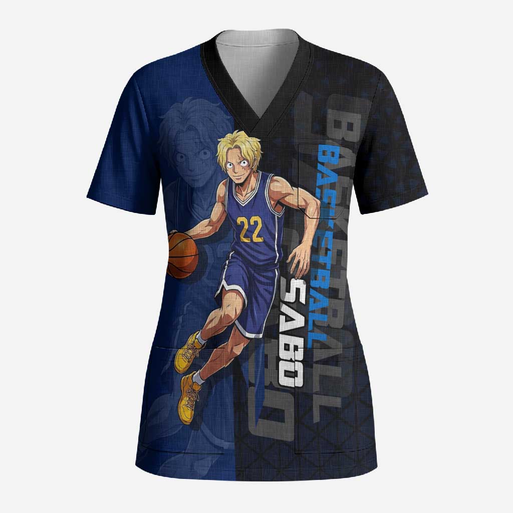 Sabo One Piece Basketball Theme Blue and Black Design Scrub Top with Top Hat Emblem and Action Dribble Pose - The Mazicc