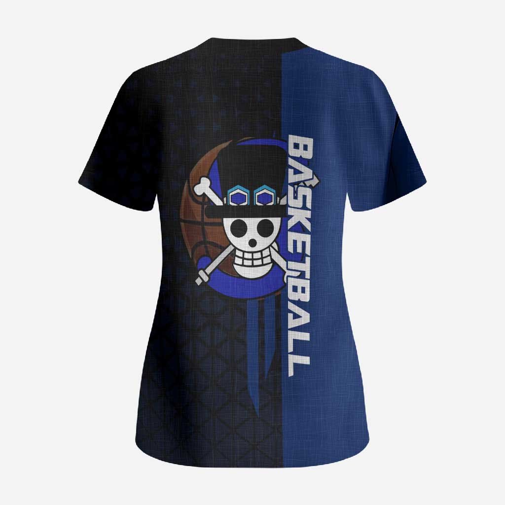 Sabo One Piece Basketball Theme Blue and Black Design Scrub Top with Top Hat Emblem and Action Dribble Pose - The Mazicc