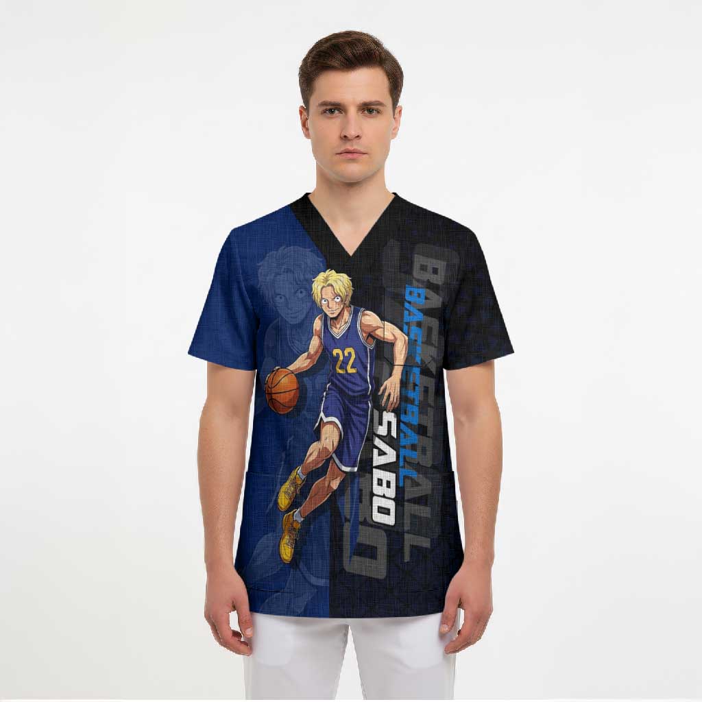 Sabo One Piece Basketball Theme Blue and Black Design Scrub Top with Top Hat Emblem and Action Dribble Pose - The Mazicc