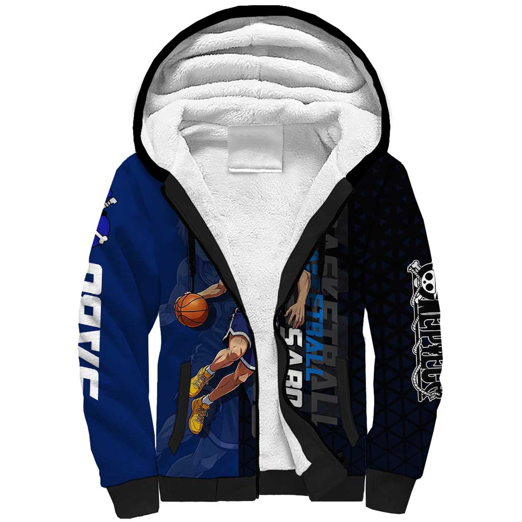 Sabo One Piece Basketball Theme Blue and Black Design Sherpa Hoodie with Top Hat Emblem and Action Dribble Pose - The Mazicc