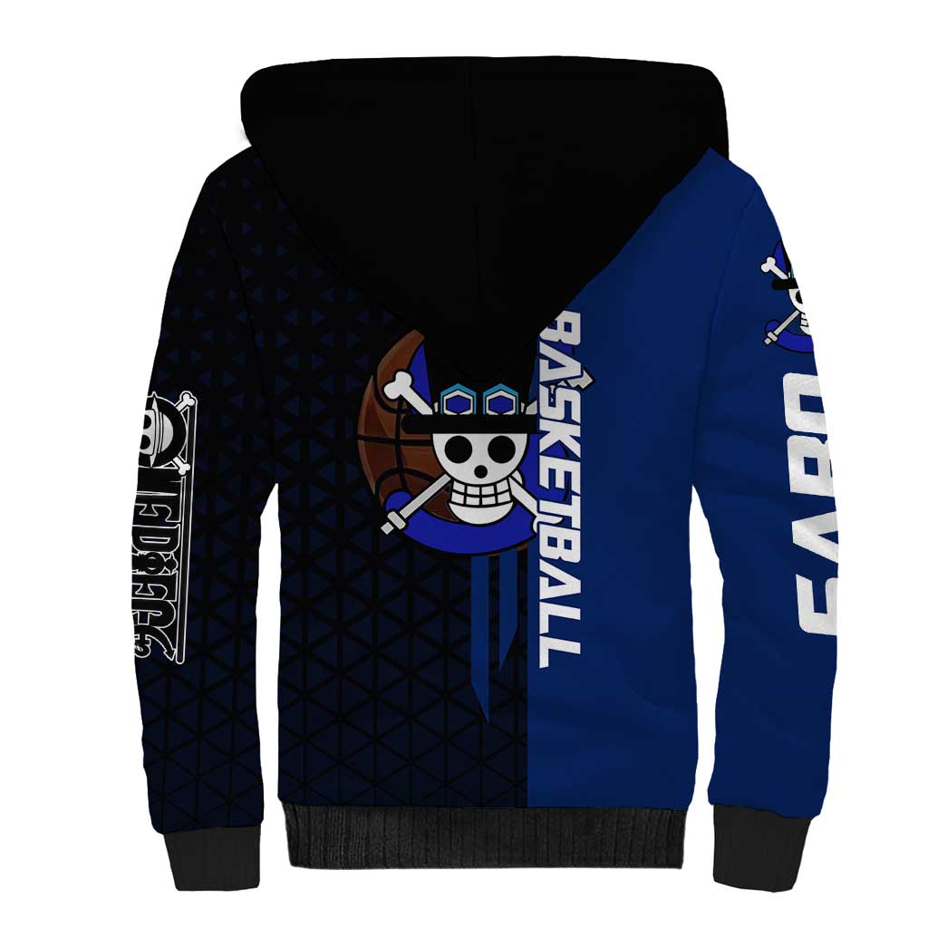 Sabo One Piece Basketball Theme Blue and Black Design Sherpa Hoodie with Top Hat Emblem and Action Dribble Pose - The Mazicc