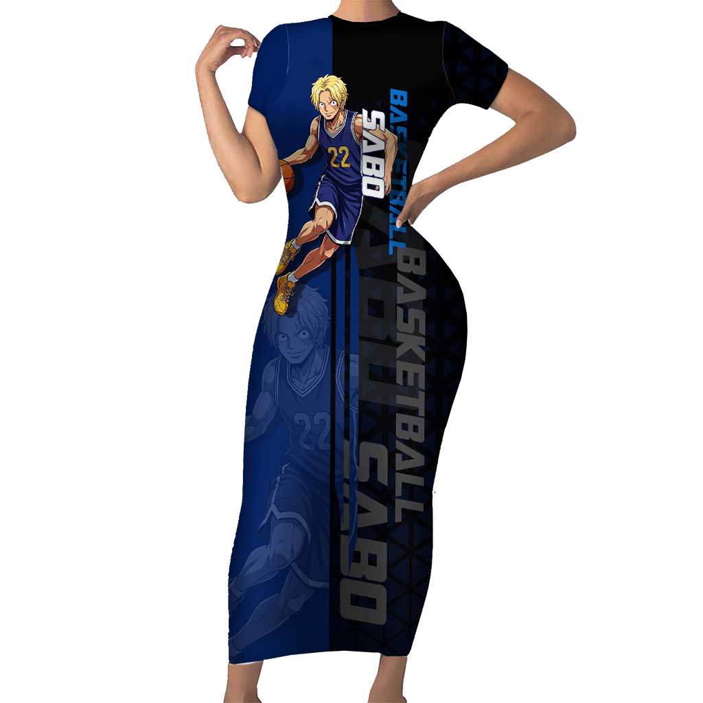 Sabo One Piece Basketball Theme Blue and Black Design Short Sleeve Bodycon Dress with Top Hat Emblem and Action Dribble Pose - The Mazicc