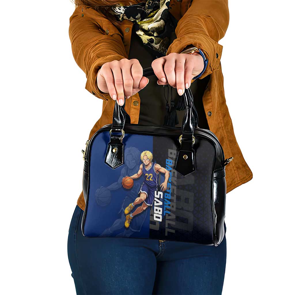 Sabo One Piece Basketball Theme Blue and Black Design Shoulder Handbag with Top Hat Emblem and Action Dribble Pose - The Mazicc
