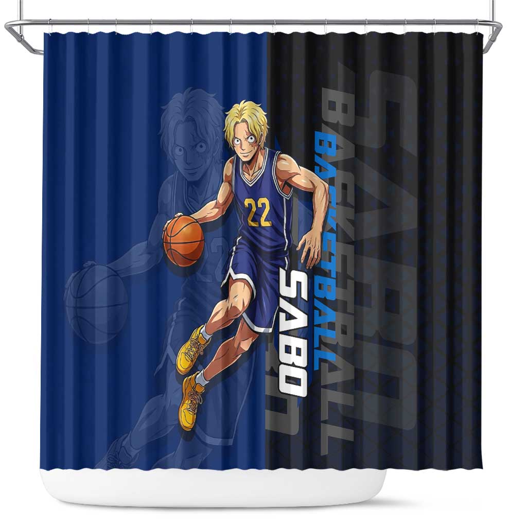 Sabo One Piece Basketball Theme Blue and Black Design Shower Curtain with Top Hat Emblem and Action Dribble Pose - The Mazicc
