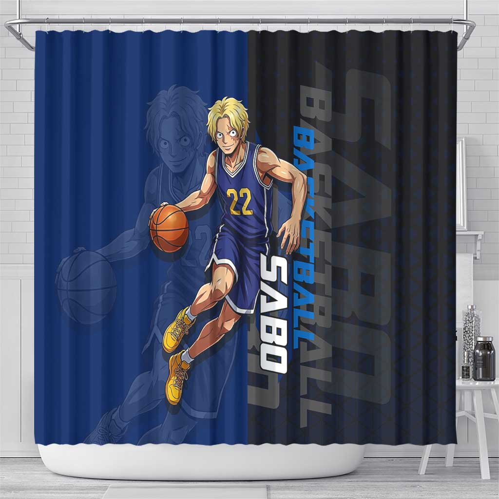 Sabo One Piece Basketball Theme Blue and Black Design Shower Curtain with Top Hat Emblem and Action Dribble Pose - The Mazicc