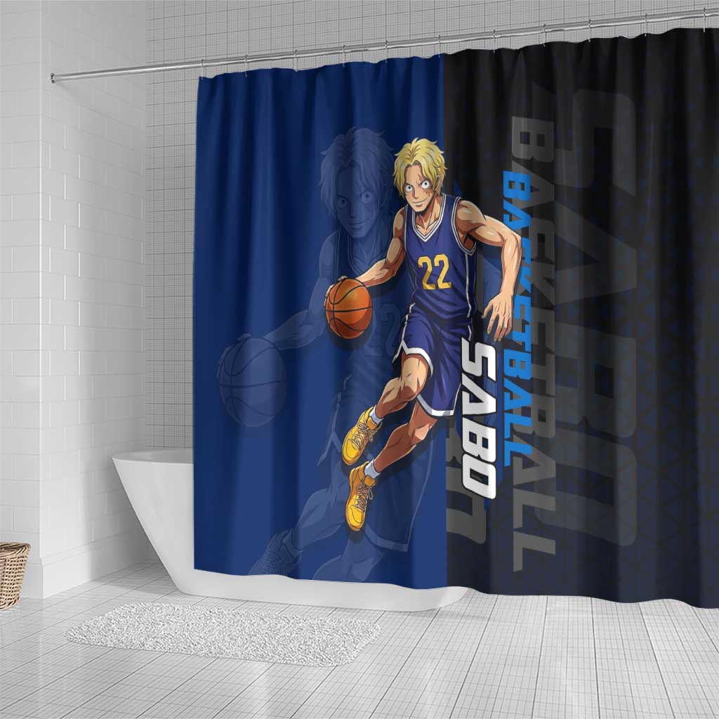 Sabo One Piece Basketball Theme Blue and Black Design Shower Curtain with Top Hat Emblem and Action Dribble Pose - The Mazicc