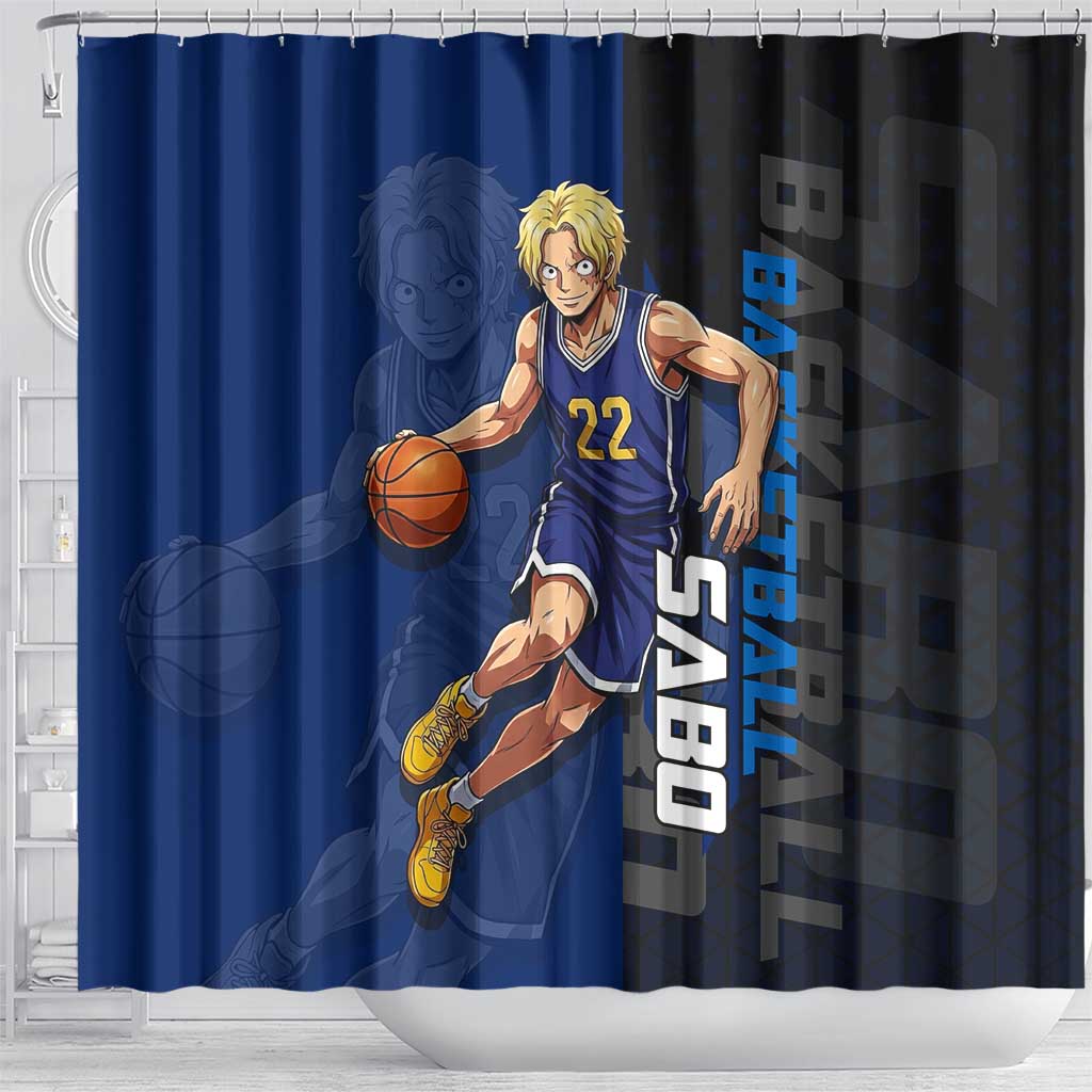 Sabo One Piece Basketball Theme Blue and Black Design Shower Curtain with Top Hat Emblem and Action Dribble Pose - The Mazicc