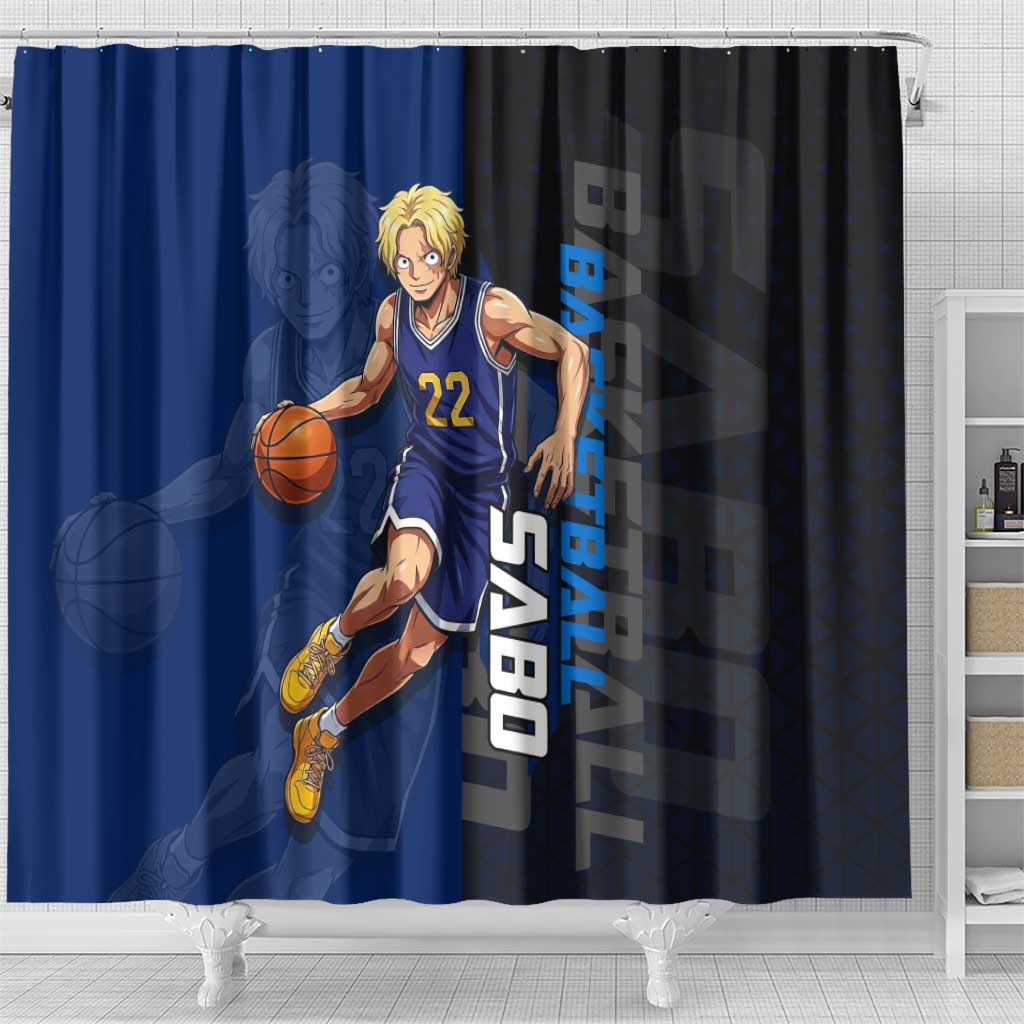 Sabo One Piece Basketball Theme Blue and Black Design Shower Curtain with Top Hat Emblem and Action Dribble Pose - The Mazicc