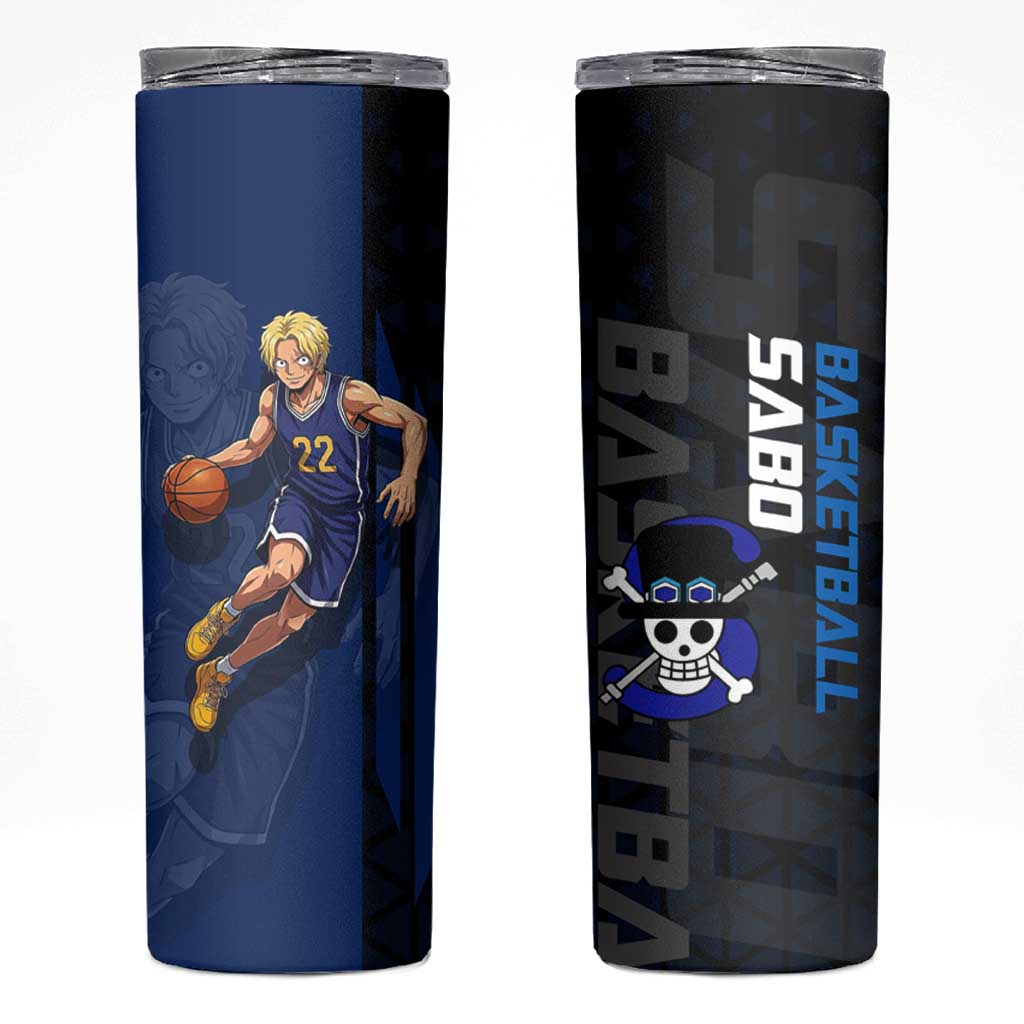 Sabo One Piece Basketball Theme Blue and Black Design Skinny Tumbler with Top Hat Emblem and Action Dribble Pose - The Mazicc