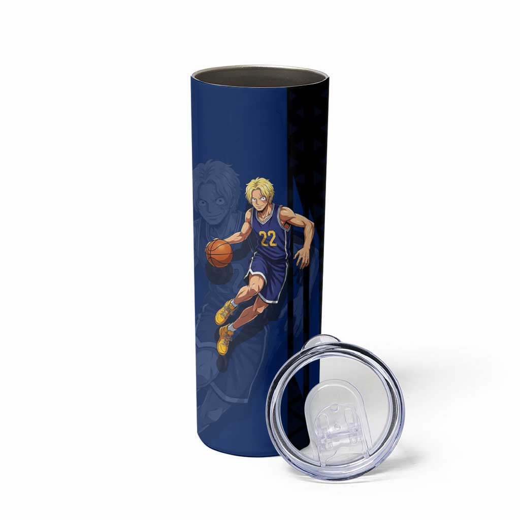 Sabo One Piece Basketball Theme Blue and Black Design Skinny Tumbler with Top Hat Emblem and Action Dribble Pose - The Mazicc