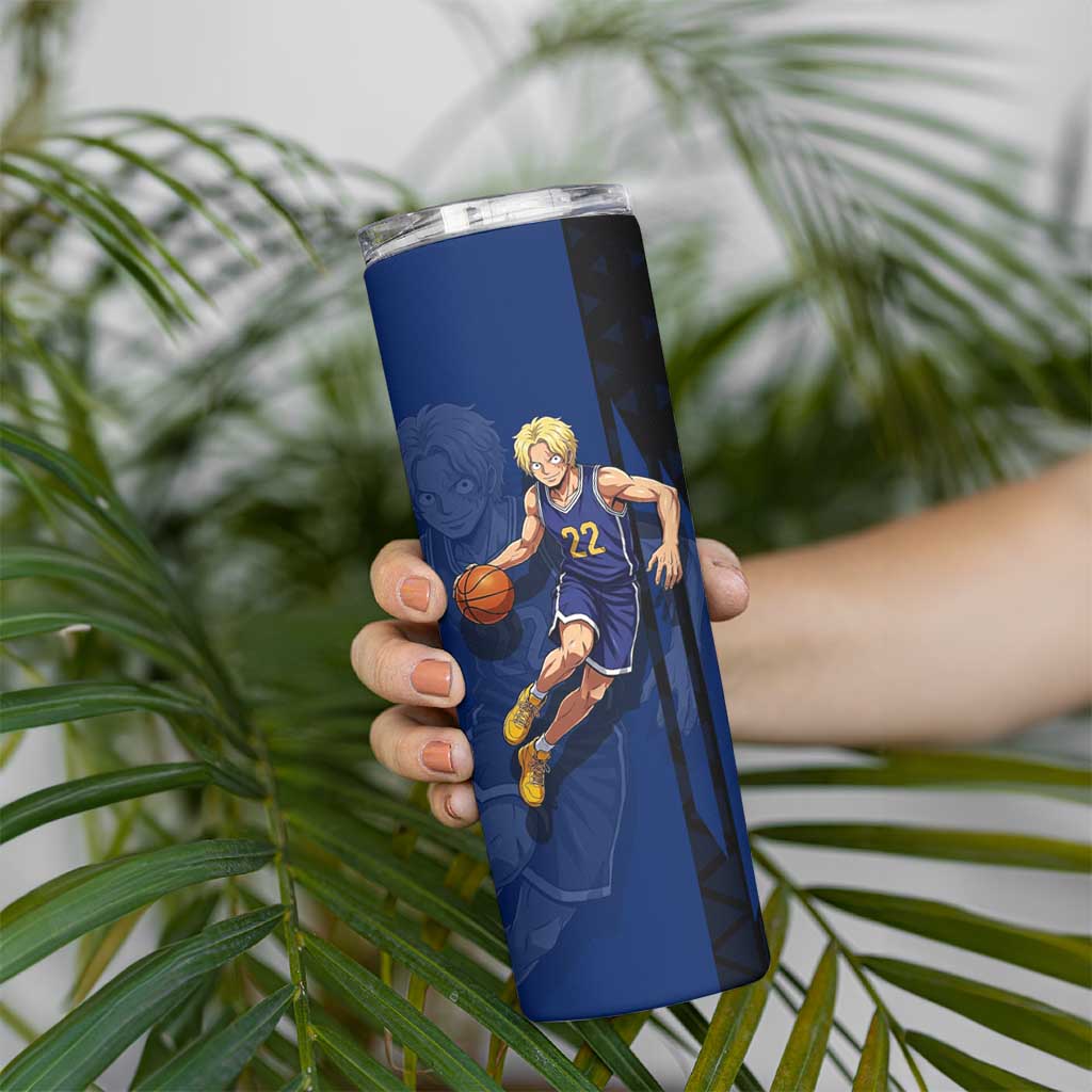 Sabo One Piece Basketball Theme Blue and Black Design Skinny Tumbler with Top Hat Emblem and Action Dribble Pose - The Mazicc