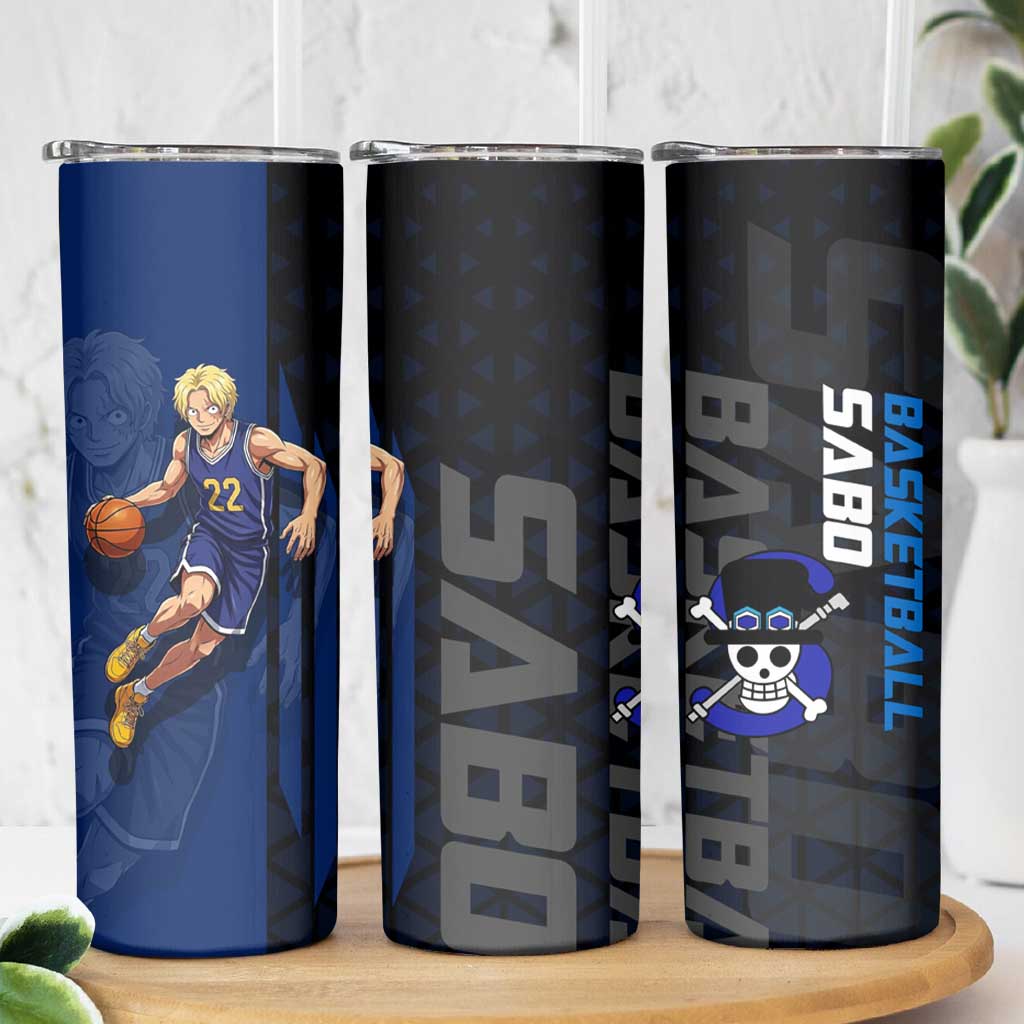 Sabo One Piece Basketball Theme Blue and Black Design Skinny Tumbler with Top Hat Emblem and Action Dribble Pose - The Mazicc