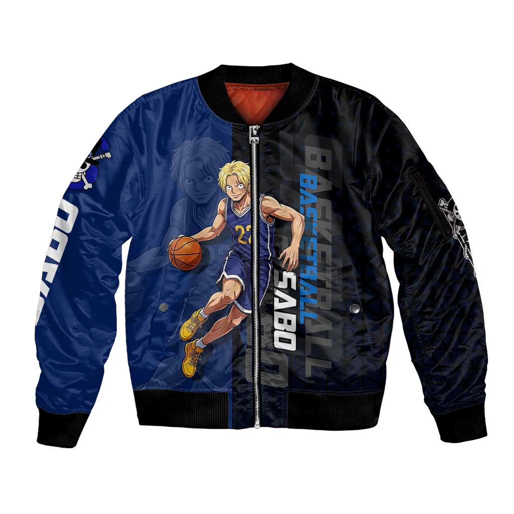 Sabo One Piece Basketball Theme Blue and Black Design Sleeve Zip Bomber Jacket with Top Hat Emblem and Action Dribble Pose - The Mazicc
