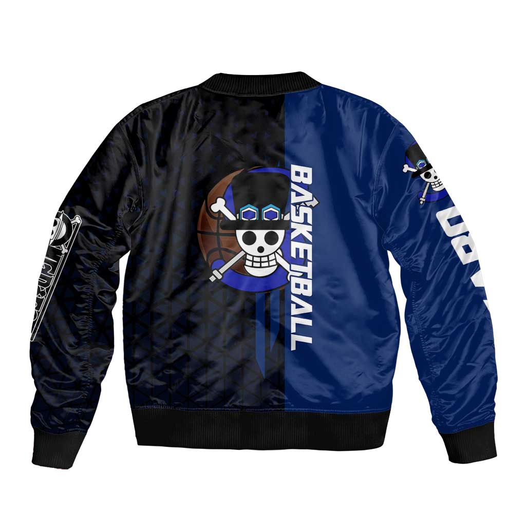 Sabo One Piece Basketball Theme Blue and Black Design Sleeve Zip Bomber Jacket with Top Hat Emblem and Action Dribble Pose - The Mazicc