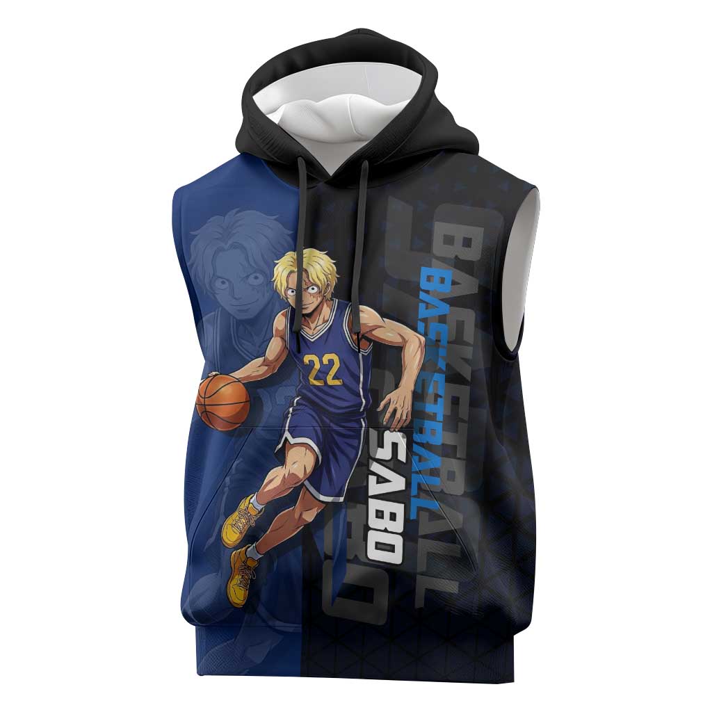 Sabo One Piece Basketball Theme Blue and Black Design Sleeveless Hoodie with Top Hat Emblem and Action Dribble Pose - The Mazicc