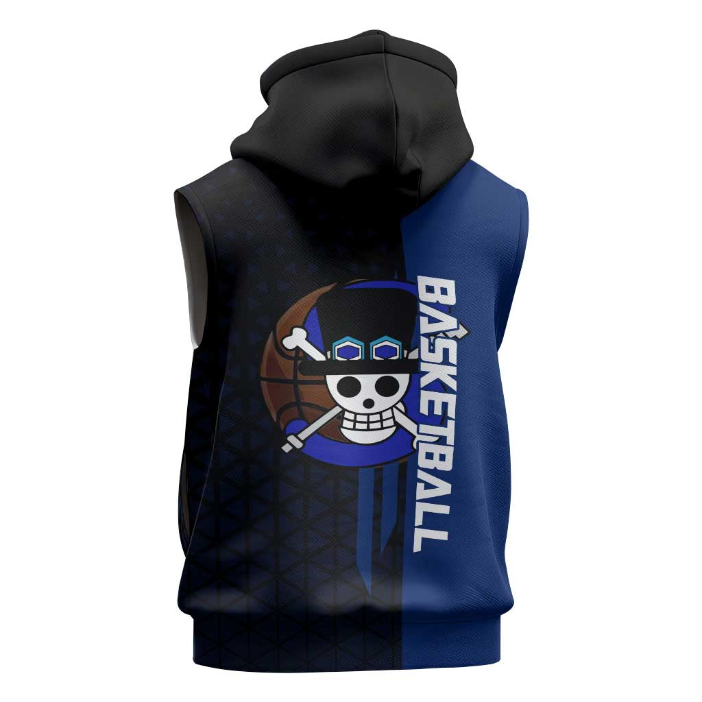 Sabo One Piece Basketball Theme Blue and Black Design Sleeveless Hoodie with Top Hat Emblem and Action Dribble Pose - The Mazicc