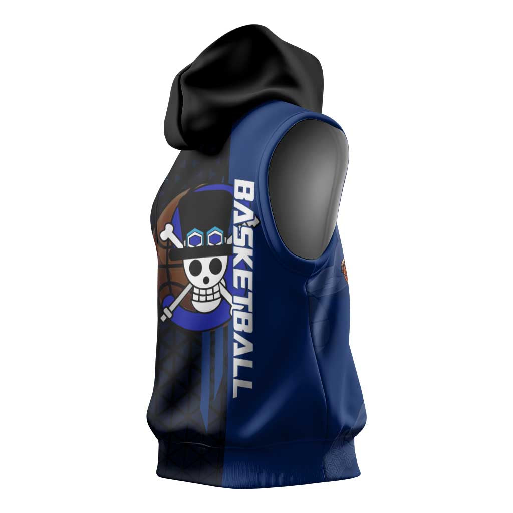 Sabo One Piece Basketball Theme Blue and Black Design Sleeveless Hoodie with Top Hat Emblem and Action Dribble Pose - The Mazicc